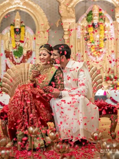 A picture-perfect moment of pure joy for this beautiful couple. I styled them for their South Indian wedding, and seeing them showered with petals, looking so happy and in love, is the best reward. This is the magic we create together.