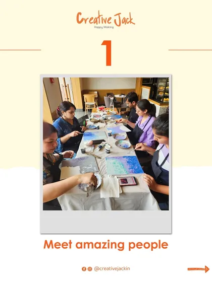 This graphic highlights one of the best parts of my workshops: you get to meet amazing people while gathered around a table creating art.