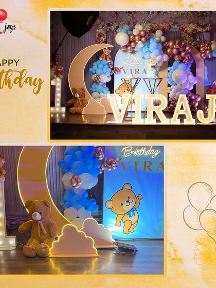 A dreamy first birthday for Viraj. This collage highlights the teddy bear theme with a crescent moon prop, marquee letters spelling out his name, and a soft blue and brown color scheme.