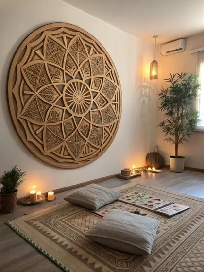 Create a dedicated space for peace and mindfulness with our sculptural art. This large, laser-cut wooden mandala was commissioned for a client's meditation room. Its intricate geometry and natural material bring a sense of grounding and tranquility to the space.