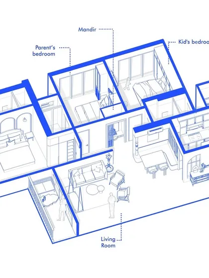 Our design process begins with a deep understanding of space and flow. This axonometric illustration shows how we reconfigured two separate apartments into a single, cohesive 4BHK home, creating an open-plan living area and clearly defined private zones for the family.
