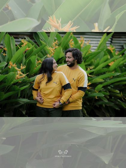 A beautifully framed portrait of the couple, with a soft overlay of leaves adding an artistic touch.