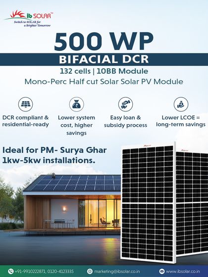 Our 500 WP Bifacial DCR module is perfectly suited for residential installations under the PM-Surya Ghar scheme. It is DCR compliant, lowers system costs, and simplifies the loan and subsidy process, making it an ideal choice for 1kW to 5kW home systems.