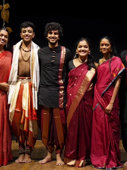 The core team of artists for 'Chidambara Rahasyam'. This production was made possible by a group of people held together by passion, including narrator Vinay Varanasi, violinist Sruti Sarathy, mridangam artist Adamya Ramanand, and dancer Varun Shivakumar.