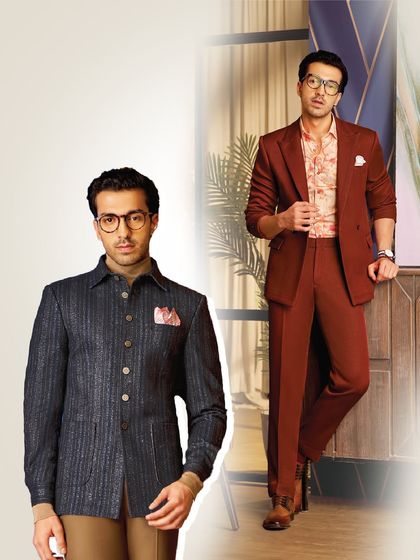 Tailored to perfection, designed for distinction. This image from our lookbook features a modern striped bandhgala and a classic rust-colored suit.