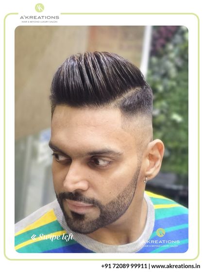 This high-fade haircut is paired with a voluminous, combed-back top, creating a strong and stylish silhouette.