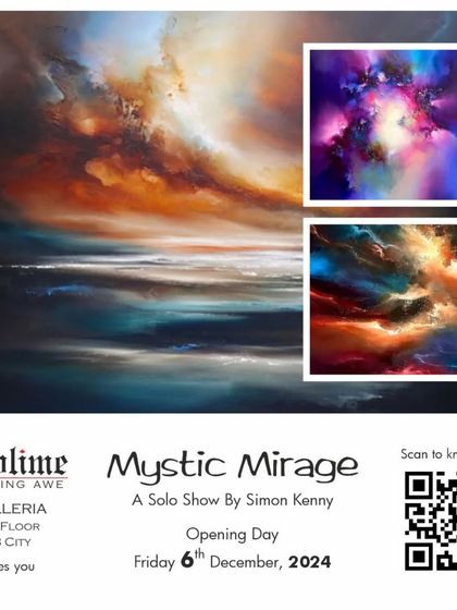The poster for Simon Kenny's solo show 'Mystic Mirage,' featuring a collage of his cosmic and ethereal abstract paintings.