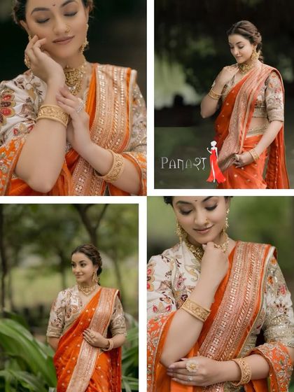 A collage showcasing the elegance of our orange Navwari saree. Worn by a model, you can see how the custom floral blouse and the saree's drape create a look of effortless grace, perfect for any festive occasion.