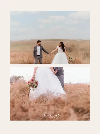 A two-panel image showing both a wide shot and a close-up detail. The top frame captures them walking hand-in-hand through the vast field, while the bottom focuses on their joined hands and her bouquet, telling a complete story.