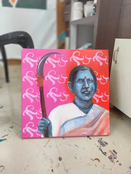 The "Sickle" painting, ready to challenge someone's living room decor. My feminist art is not meant to be passive; it is meant to start a conversation.