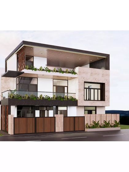 This design for a Bangalore residence seamlessly blends elegance, functionality, and modern aesthetics. The facade is a composition of cantilevered volumes, glass railings, and integrated planters, creating a dynamic and luxurious feel.