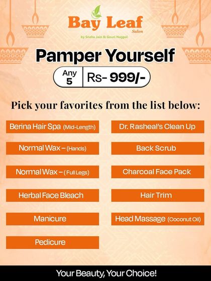 Your beauty, your choice. This offer lets you create your own pamper package by picking any five of your favorite services, including manicure and pedicure, for just Rs. 999.