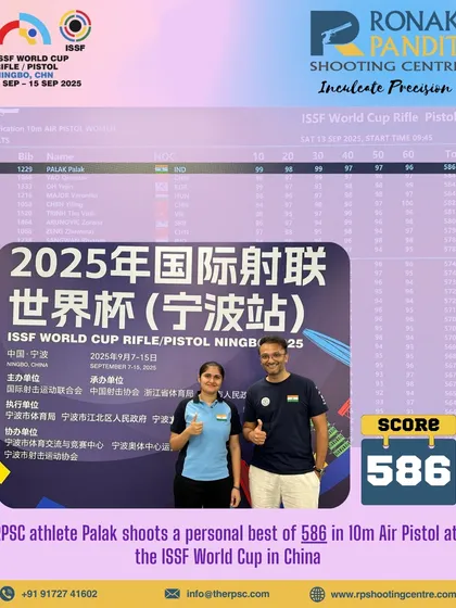 A personal best is always a victory. Here, we celebrate our athlete Palak achieving her personal best score of 586 in the 10m Air Pistol event at the ISSF World Cup in China, a sign of continuous improvement and dedication.