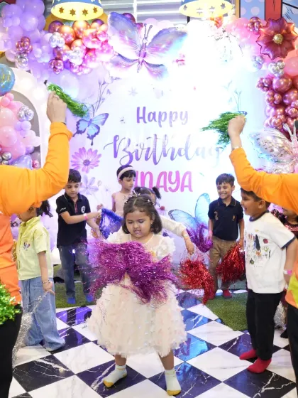 A birthday party is a dance party. Our energetic staff love to get on the floor with the kids, leading dances with pom-poms and making sure every child feels like the star of the show.