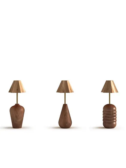 Three table lamps from the collection, highlighting the different hand turned wooden base shapes. These pieces reflect our commitment to Indian craftsmanship and creating beautiful, everyday objects from wood.