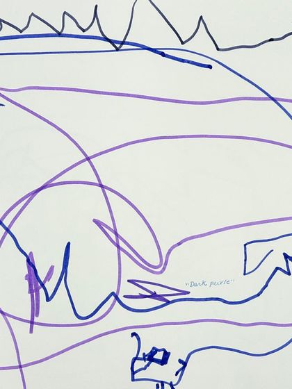 These images showcase the beauty of "mark-making," the first stage of writing. What looks like scribbles to an adult is a child's exploration of lines, shapes, and the stories they can tell, complete with their own dictated captions.