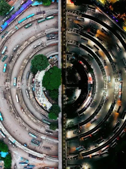 A creative day-and-night split view of the Majestic BMTC Bus Stand. This hyperlapse technique showcases the non-stop energy of Bengaluru's core transport hubs.
