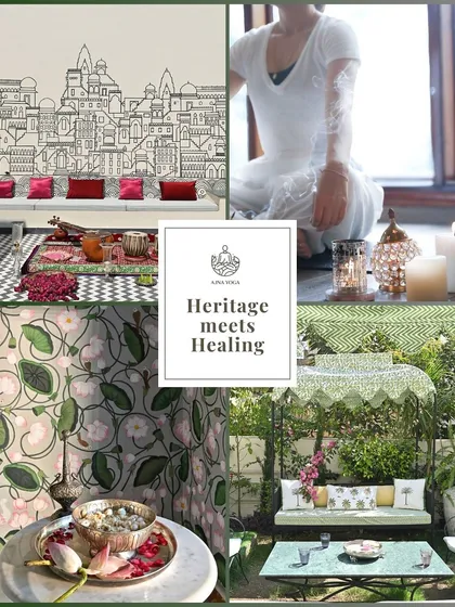 Heritage meets healing in Jaipur. This mood board shows the aesthetic of our retreat, blending the beauty of Rajasthani art and gardens with the serenity of our spiritual practices.