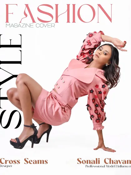 A dynamic pose for a fashion magazine cover concept. This shot captures movement and style, showcasing the designer's unique floral-sleeved dress in a way that's both playful and powerful.
