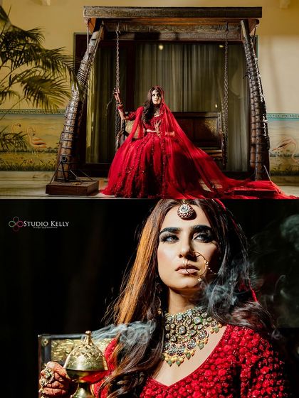 A dramatic and artistic collage of the bride in her royal red lehenga, capturing her fierce and elegant bridal look.