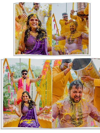 A collage showing the wild and fun side of a Haldi ceremony, with the bride and groom being completely covered in turmeric paste and drenched with water.