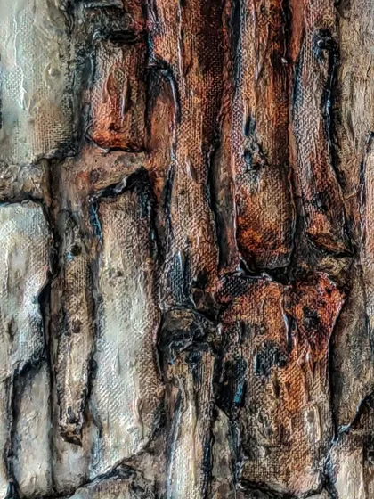 A close-up detail of my 'Rooted in Strength' series. This shot highlights the deep, rugged textures I create to mimic tree bark, telling a story of resilience through its grooves and cracks. You can almost feel the unwavering resolve of nature.