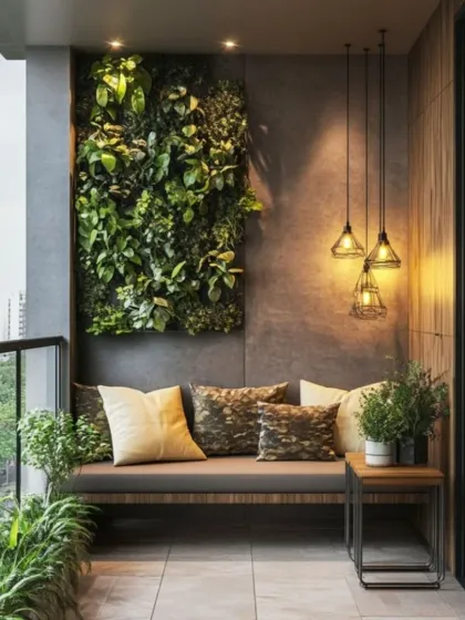 To create a dramatic focal point, we installed a floor-to-ceiling vertical garden on this balcony. The combination of a built-in bench, textured concrete walls, and industrial-style pendant lights results in a moody and sophisticated green escape.