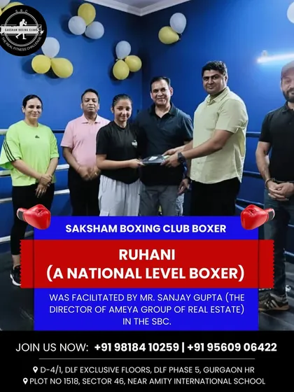 I am proud to honor our national-level boxer, Ruhani. She was facilitated by Mr. Sanjay Gupta, Director of Ameya Group of Real Estate, recognizing her outstanding achievements.