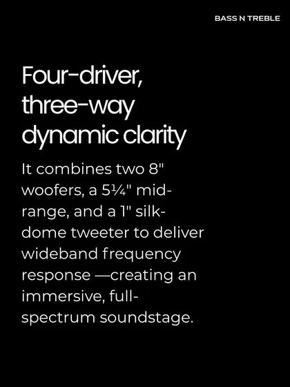 This slide details the four-driver, three-way design of the Stenheim Alumine Three, which combines two 8" woofers, a 5¼" mid-range, and a 1" tweeter for a full-spectrum soundstage.