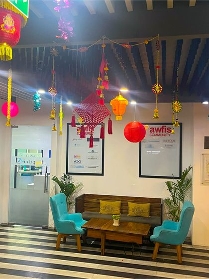 A cozy and festive corner in the office for Diwali. We used colorful lanterns, hangings, and traditional decor to create a welcoming space for employees to celebrate together.