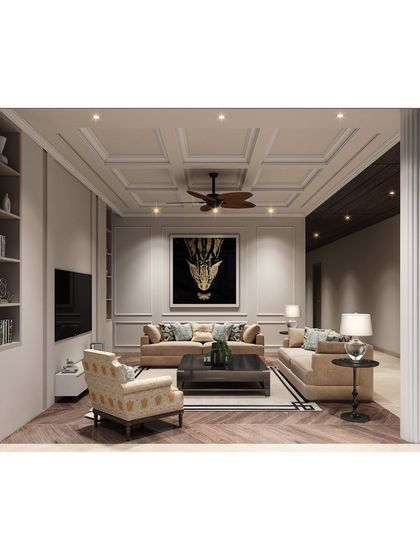 A full view of the family lounge, emphasizing its symmetrical layout, herringbone wood floors, and the striking balance between classic architectural details and modern furnishings.