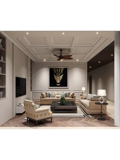 A full view of the family lounge, emphasizing its symmetrical layout, herringbone wood floors, and the striking balance between classic architectural details and modern furnishings.