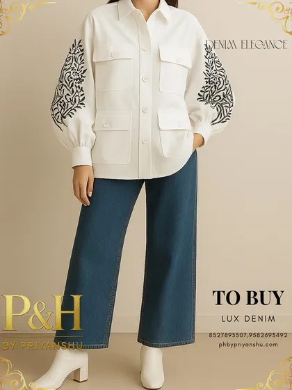 A versatile and chic ensemble. This oversized white denim utility shirt, featuring bold black floral embroidery on the sleeves, is paired with classic blue wide-leg jeans.