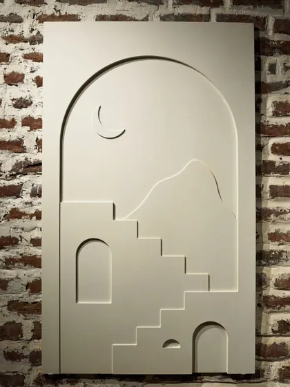A close-up of one of the 'Ashta Prahar' wall murals. The design uses simple geometric shapes, arches, and stairs to evoke a sense of place and time.