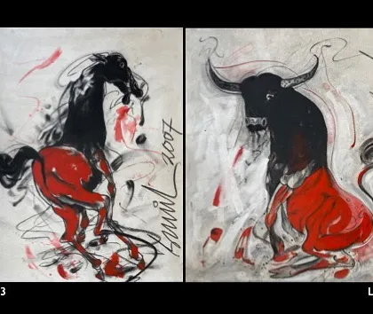 This diptych showcases two powerful mixed-media on canvas works by Sunil Das from 2007. On the left, a 'Bucking Horse', and on the right, a 'Bull', both signature subjects for the artist, rendered with raw energy and expressive lines.