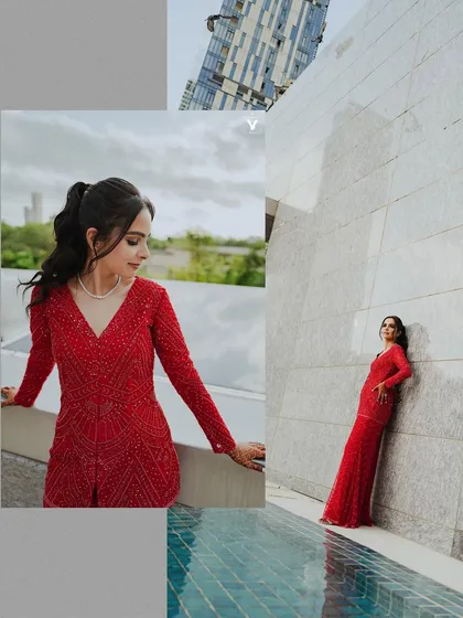 A collage of the bride in a striking red outfit, posing by a modern poolside. The images have a high-fashion, editorial feel, showcasing her confidence and style.
