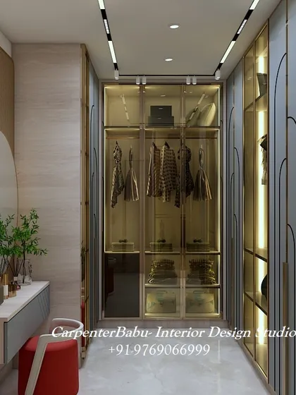 The dressing area within the walk-in closet, featuring a large round mirror and a sleek console table. It's a perfect space to get ready in style.
