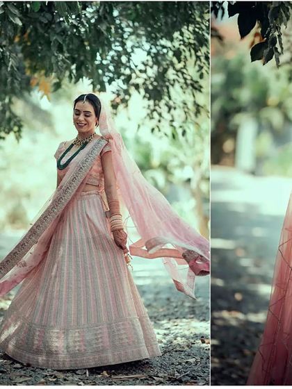 A diptych of a bride in her flowing pink lehenga, captured outdoors. The movement of the fabric adds a dynamic and graceful quality to the portrait.