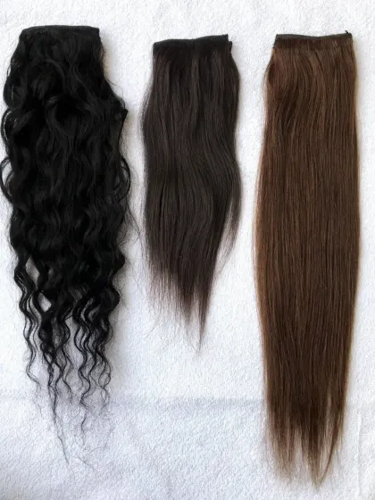 No matter your natural hair, I have an extension to match. Here you can see the variety I offer, from curly and wavy to straight textures. I custom match the color and type to ensure a perfect, undetectable blend.