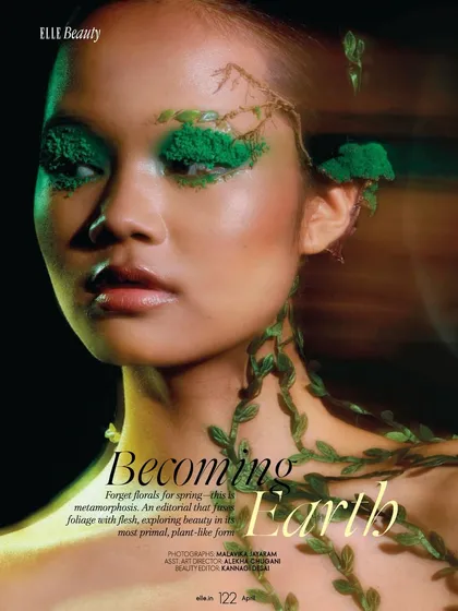 The cover story for Elle India Beauty, from the 'Becoming Earth' editorial. This shot establishes the core concept of metamorphosis, using organic textures and bold green makeup to explore a primal, plant-like form of beauty.