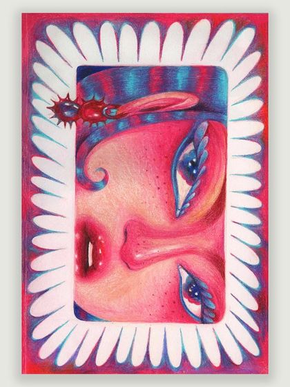 A close-up of the surreal framed portrait from the sketchbook.