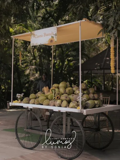 A "Coco Bandi" (coconut cart) at a sunflower-themed Haldi, providing a refreshing treat for guests.
