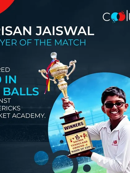 Celebrating individual brilliance. Here's our student Vrisan Jaiswal, named Player of the Match for his incredible century against Mavericks Cricket Academy. We don't just train teams; we build standout players.