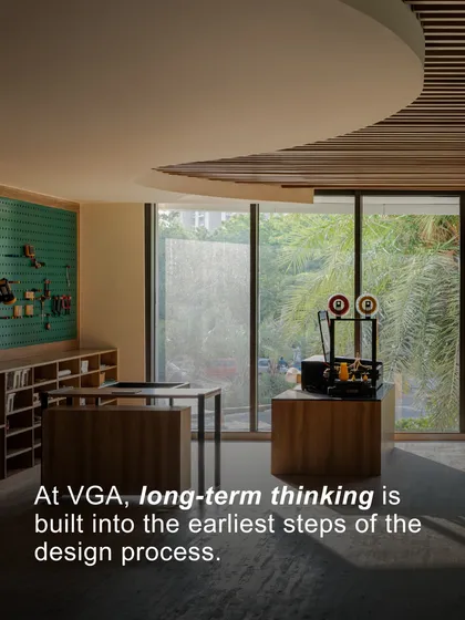 A maker's lab with large windows, illustrating our design approach. At VGA, long-term thinking is built into the earliest steps of the design process, ensuring flexibility from the start.