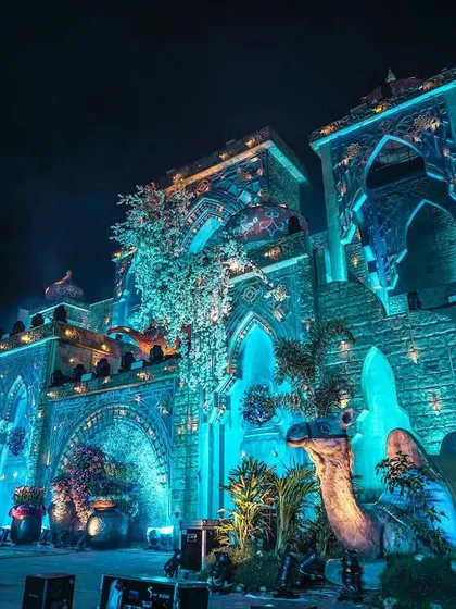 The same Moroccan palace structure at night, transformed by dramatic blue lighting. This showcases how I use lighting design to completely change the mood and create a mystical, otherworldly atmosphere.