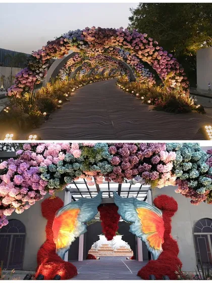 A collage showing both the floral tunnel and the butterfly entrance, demonstrating how I create a cohesive and fantastical journey for guests.