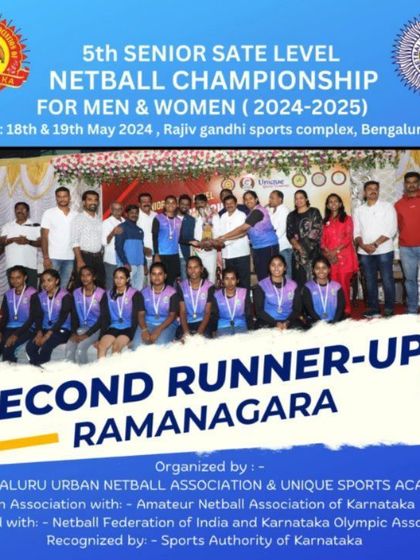 A duplicate graphic celebrating the 2nd runner-up, Ramanagara, at the state-level netball championship.