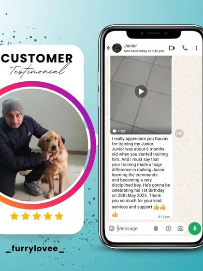 This is a wonderful testimonial from Junior's owner. It shows a screenshot of their message appreciating how our training helped Junior learn commands and become a disciplined boy, just in time for his first birthday.