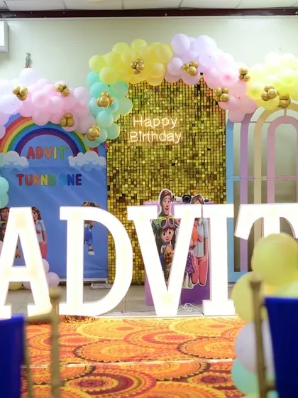 A shot from the guest's perspective, showing the beautifully decorated stage ready for celebration.