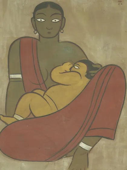 This tempera on card, 'Mother & Child' by Jamini Roy, is a timeless piece from our auction archives. As one of India's National Art Treasures, Roy's work is defined by its bold lines and folk-art inspiration, drawn from the Kalighat style. This particular work beautifully captures the eternal bond between a mother and her child.